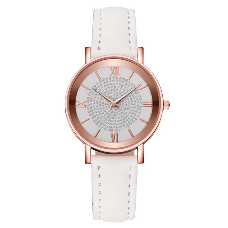 "Stylish Leather Strap Analog Quartz Watches for Men and Women - Fashionably Elegant Wristwatches with Rhinestone Detailing"